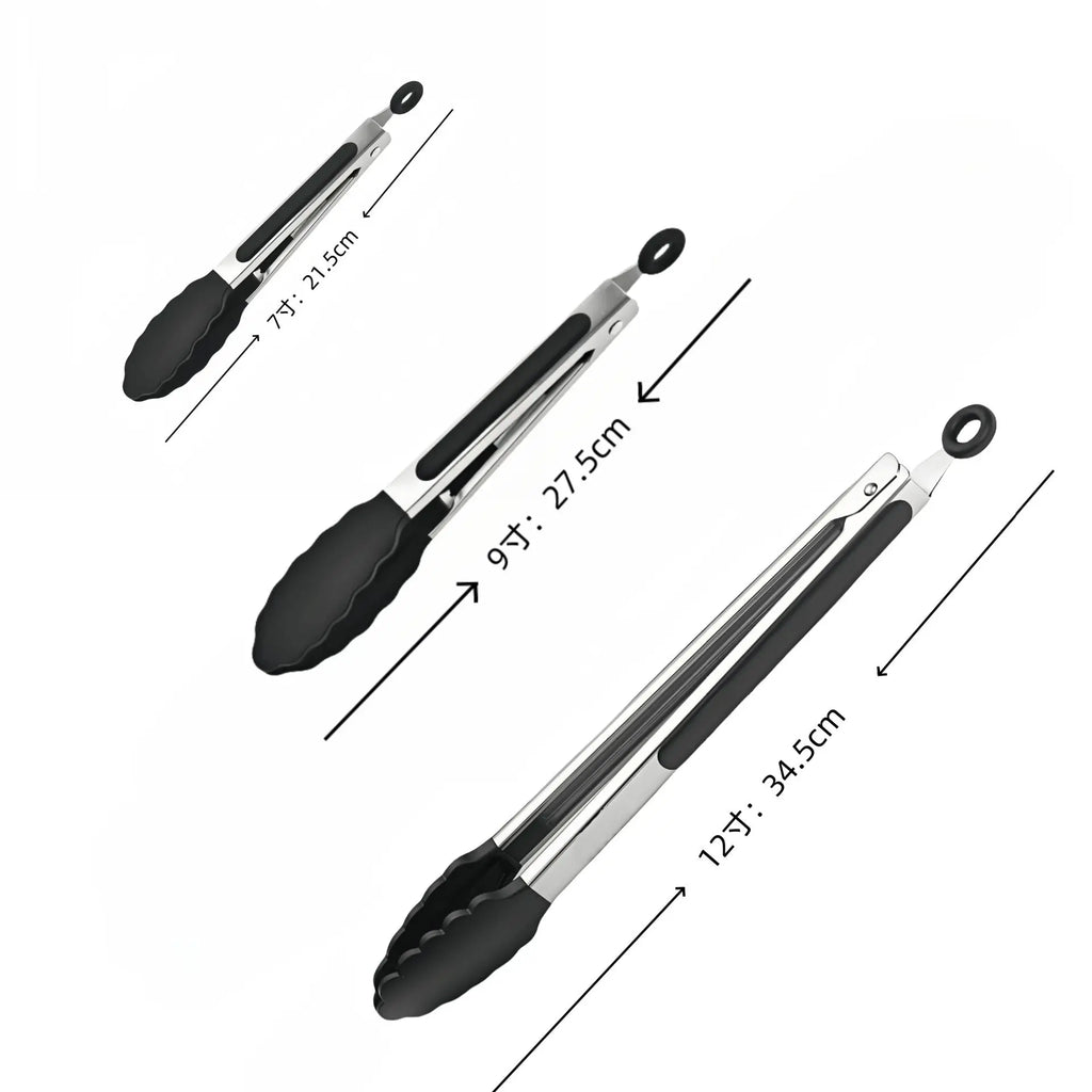 Black Stainless Steel Tongs Set – 7”, 9” & 12” Heat Resistant with Silicone Tip, Pull Lock, Black – Set of 3
