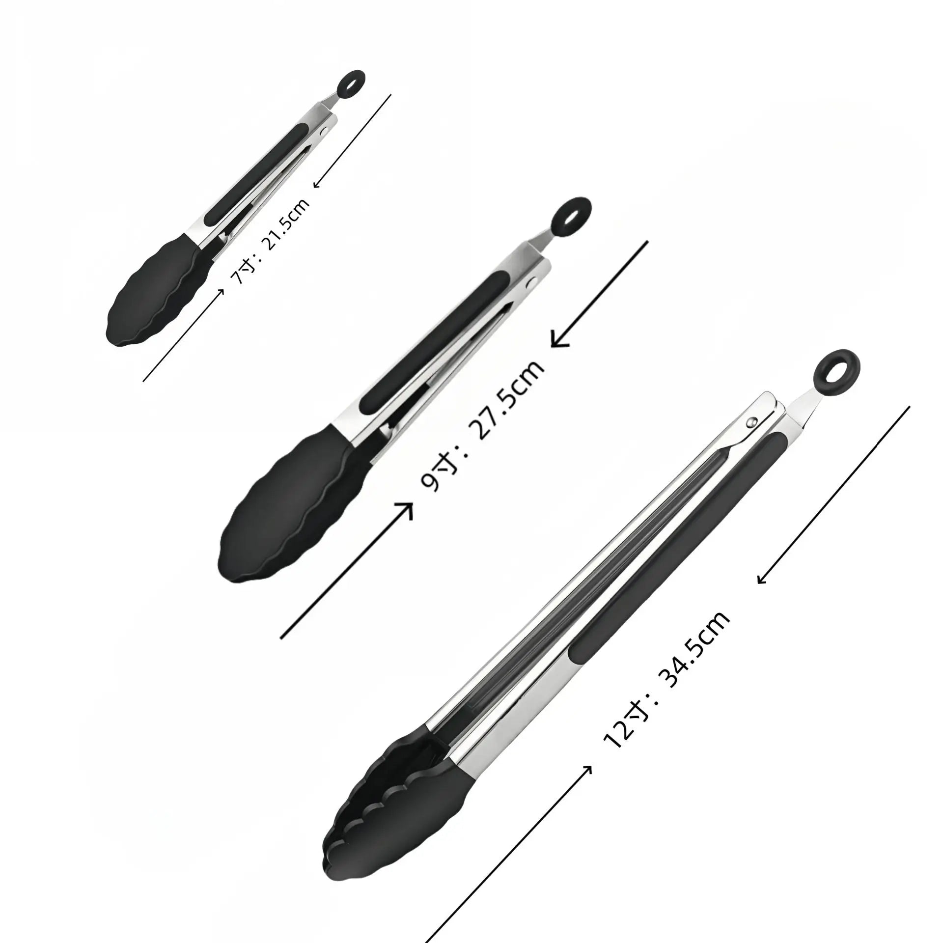 Black Stainless Steel Tongs Set – 7”, 9” & 12” Heat Resistant with Silicone Tip, Pull Lock, Black – Set of 3