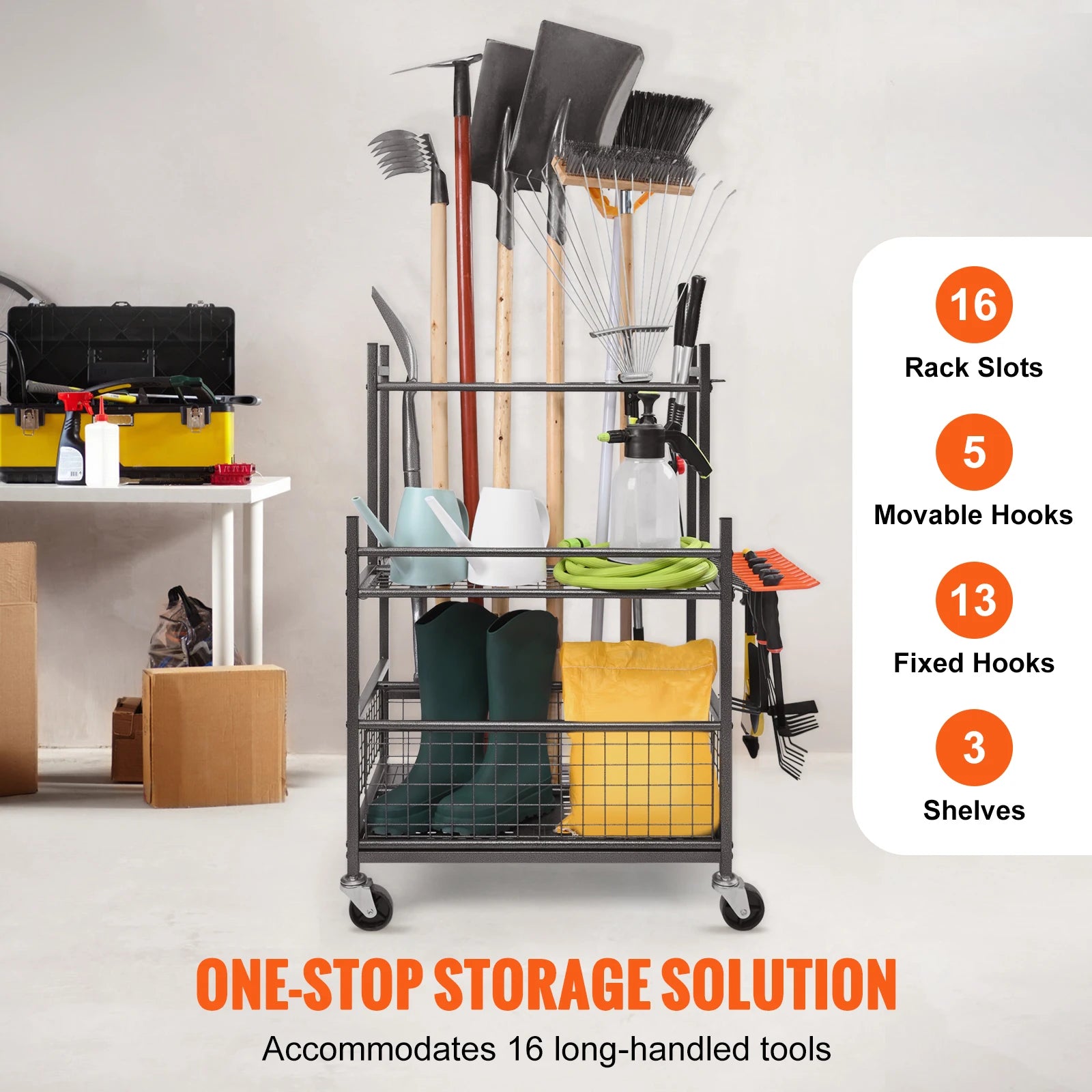 16 Slots Garden Tool Organizer Tower Rack with Hooks Wheels Long-Handled Rake Holder for Garage Storage