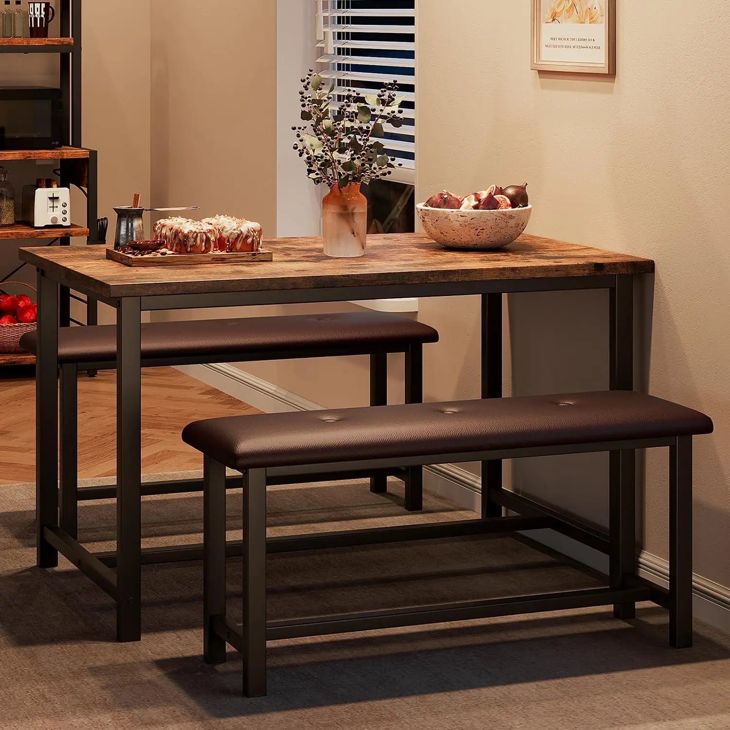 Brown Dining Table Set for 4 With Upholstered Benches,