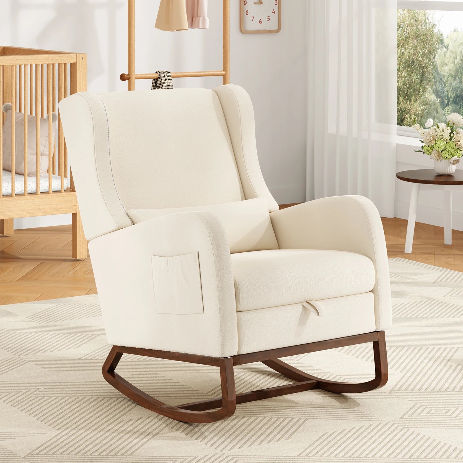 Nursery Rocking Chair, Upholstered Glider Rocker with Adjustable Footrest & Side Pocket,