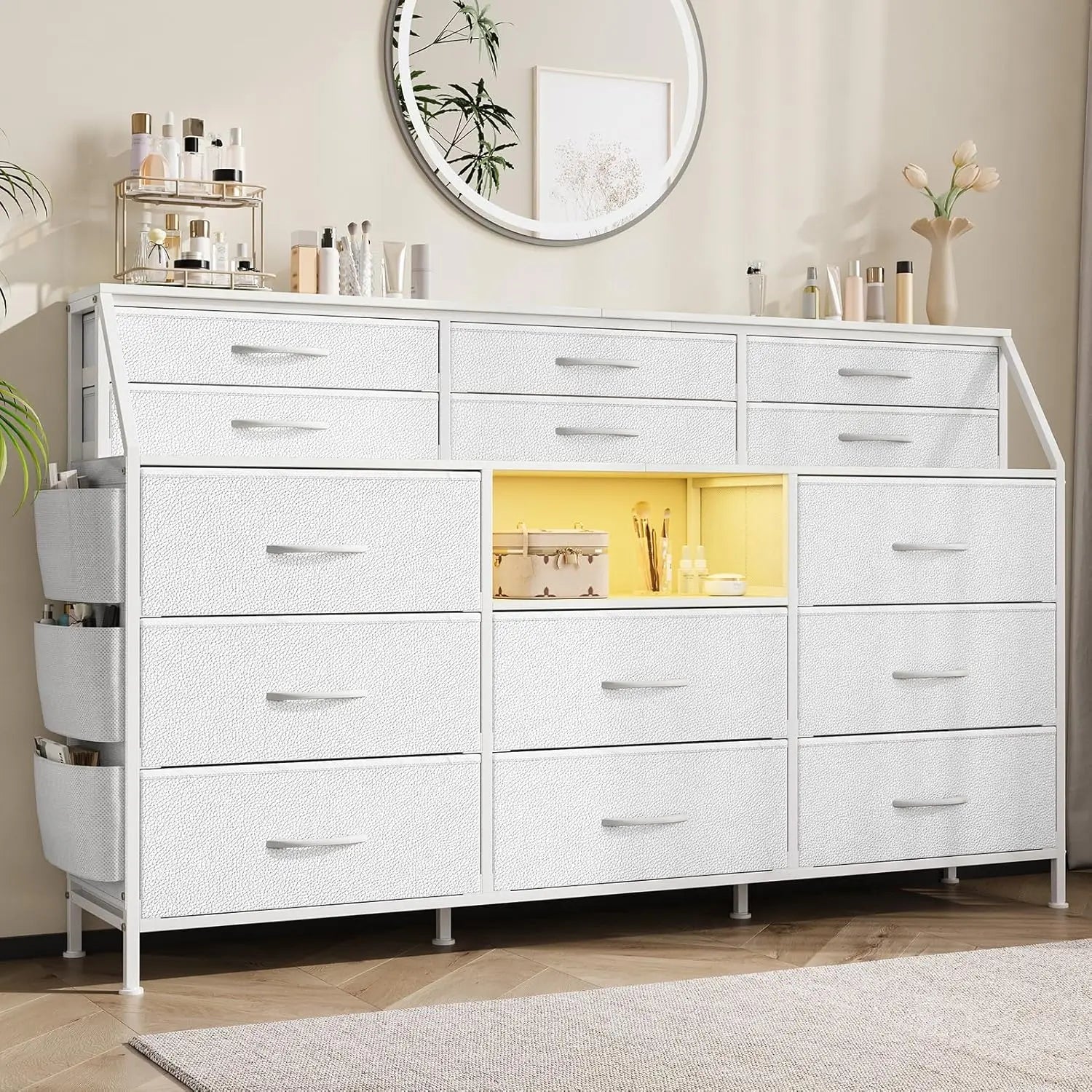 14 Drawer Dresser with Wooden Top, Large Storage Cabinet with Metal Frame