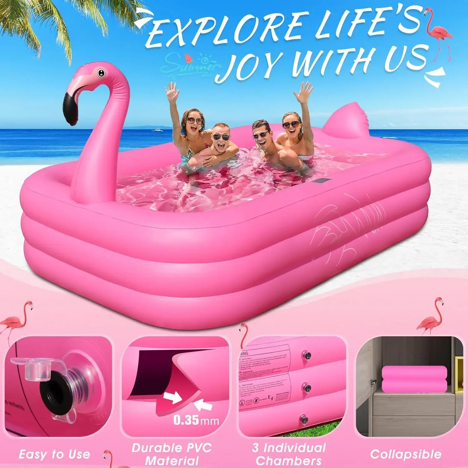 Solar Flamingo Inflatable Pool with Lights,