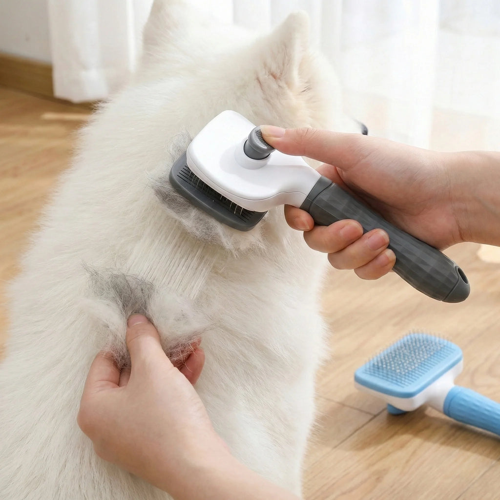 Dual-Use Dog Cat Grooming Brush, Self-Cleaning Comb Round-Tip Bent Needles, Ergonomic Handle