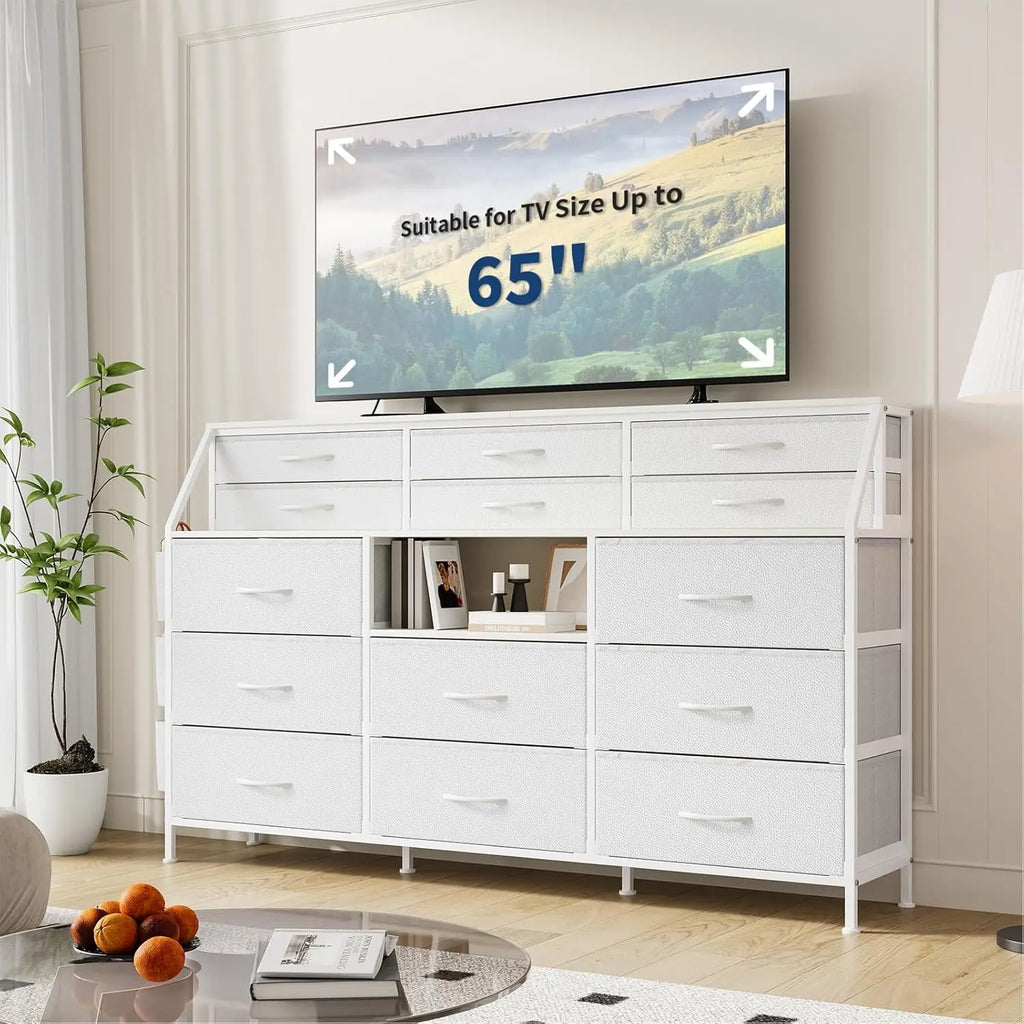 14 Drawer Dresser with Wooden Top, Large Storage Cabinet with Metal Frame