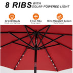 10FT Solar Patio Umbrella with 32 LED Lights UV-Resistant Outdoor Table Umbrella with Tilt and Crank