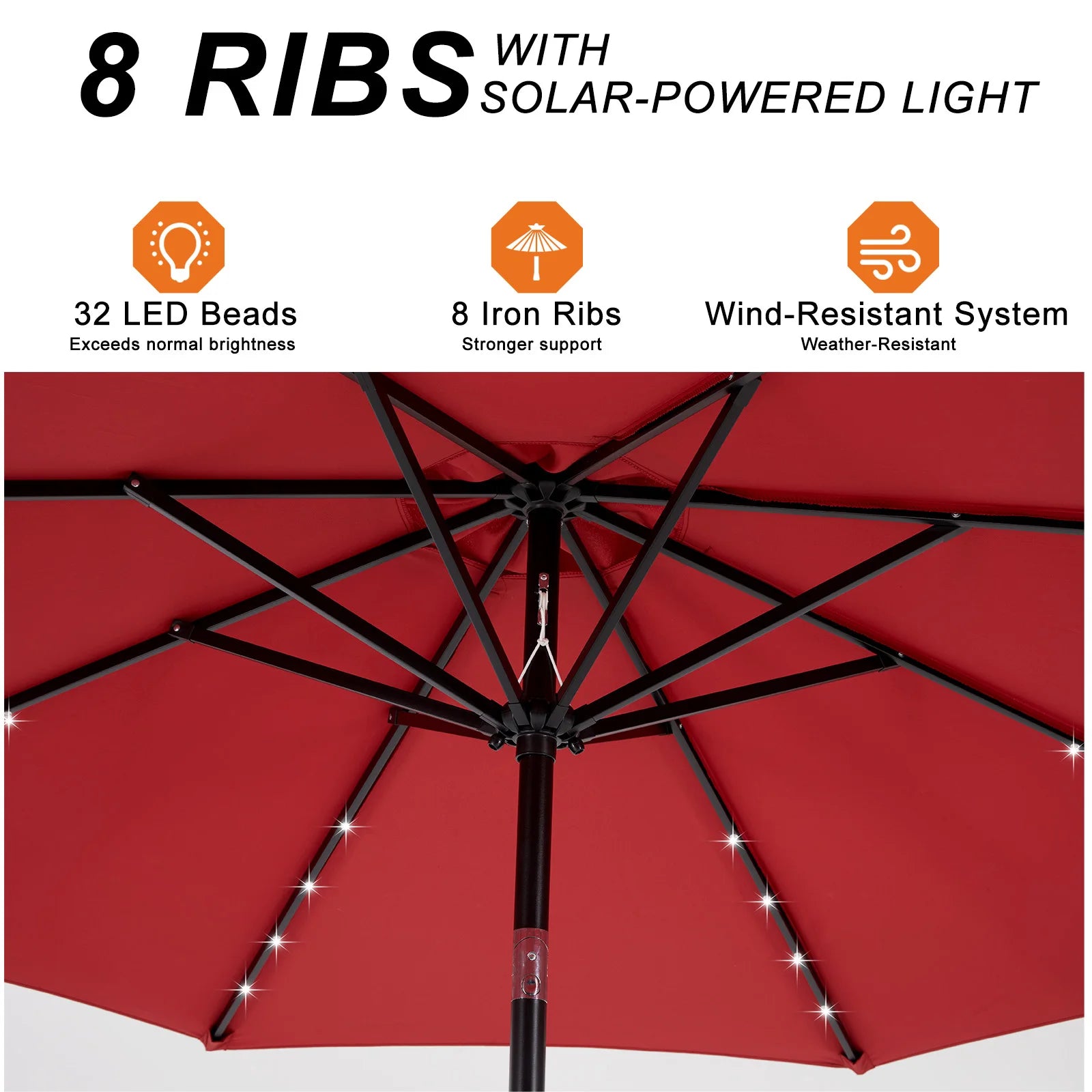 10FT Solar Patio Umbrella with 32 LED Lights UV-Resistant Outdoor Table Umbrella with Tilt and Crank