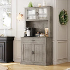 71 in Tall Kitchen Hutch Storage Cabinet with Microwave Stand, Freestanding, Buffet Glass Doors