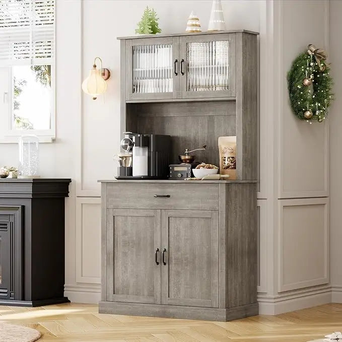 71 in Tall Kitchen Hutch Storage Cabinet with Microwave Stand, Freestanding, Buffet Glass Doors