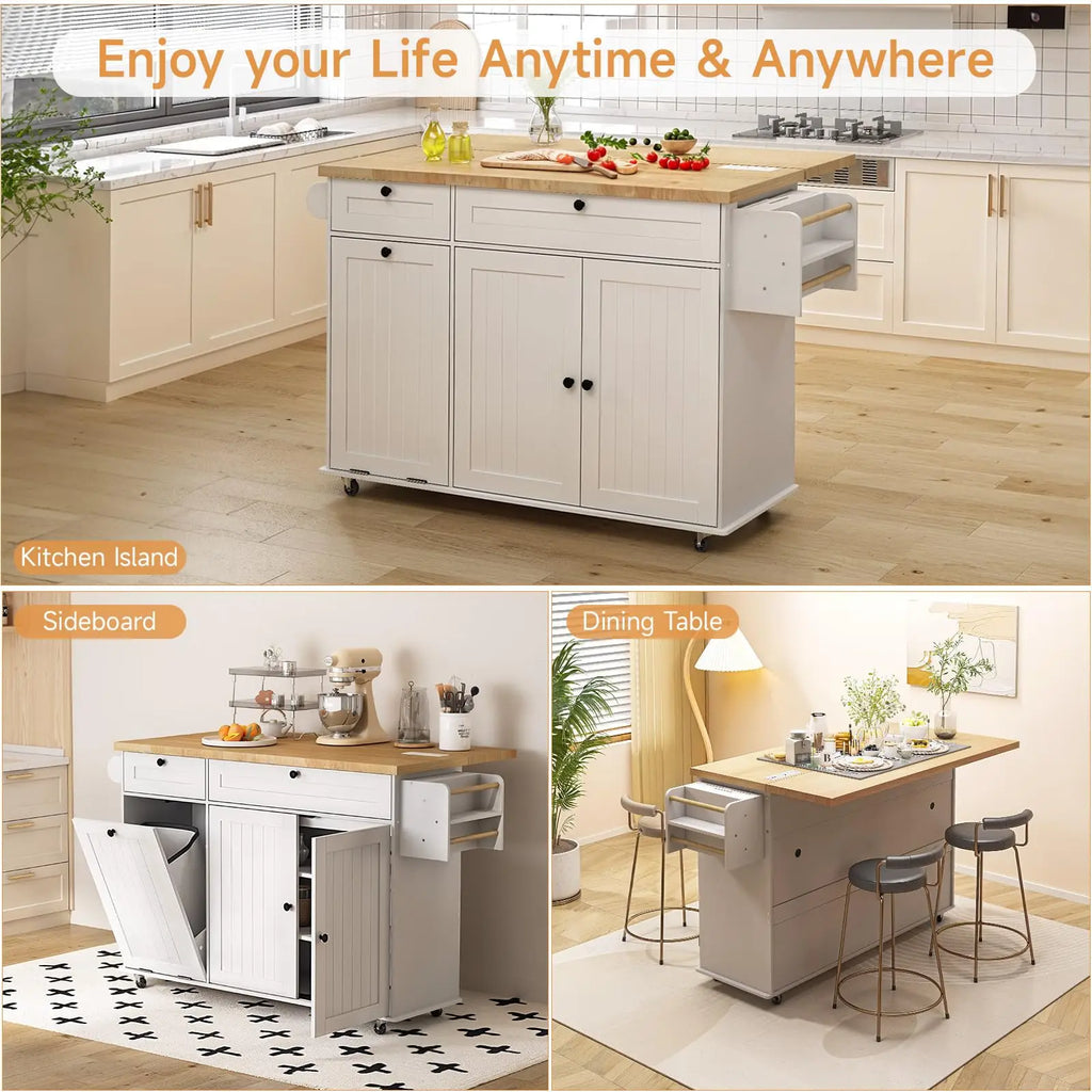 60" Mobile Kitchen Island With Drop Leaf Table, Power Outlet Spice Towel Rack Trash