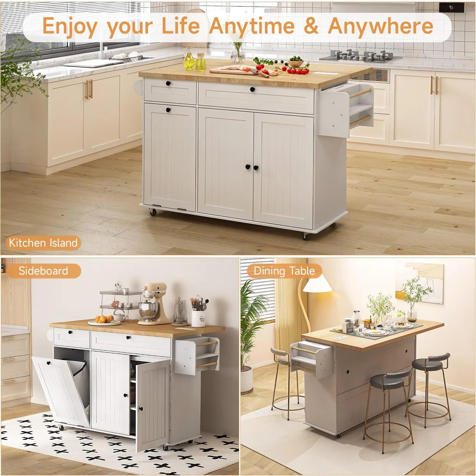 60" Mobile Kitchen Island With Drop Leaf Table, Power Outlet Spice Towel Rack Trash