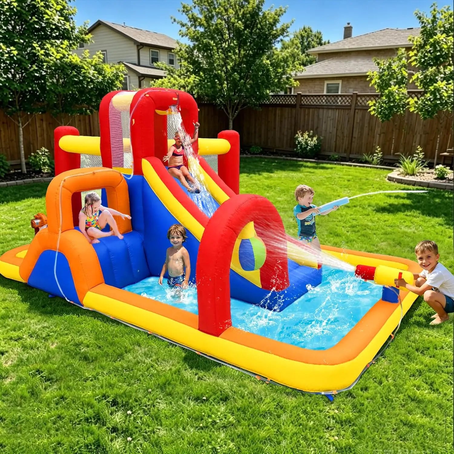 Inflatable Water Slide, 10 in 1 Water Park Bounce House with Splash Pool, 2 Slides, Ball Pit, Water Cannon, Climbing Wall