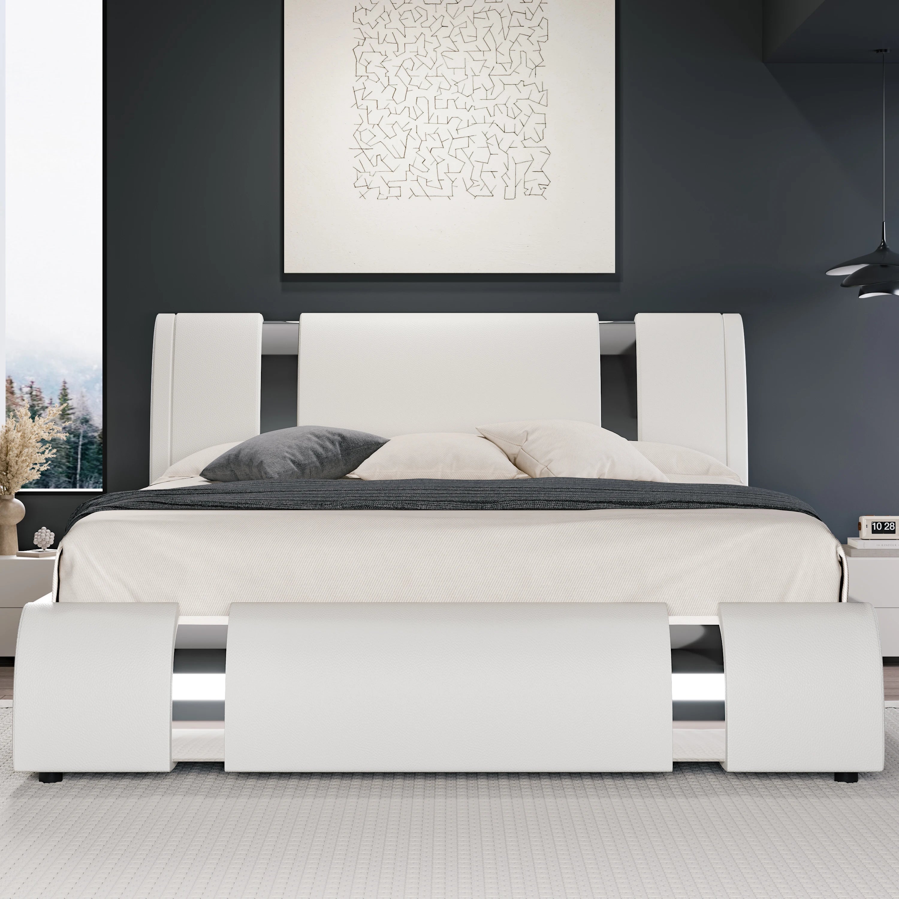 Faux Leather Bed Frame with Iron Pieces Low Profile Platform Bed with Height-Adjustable Headboard