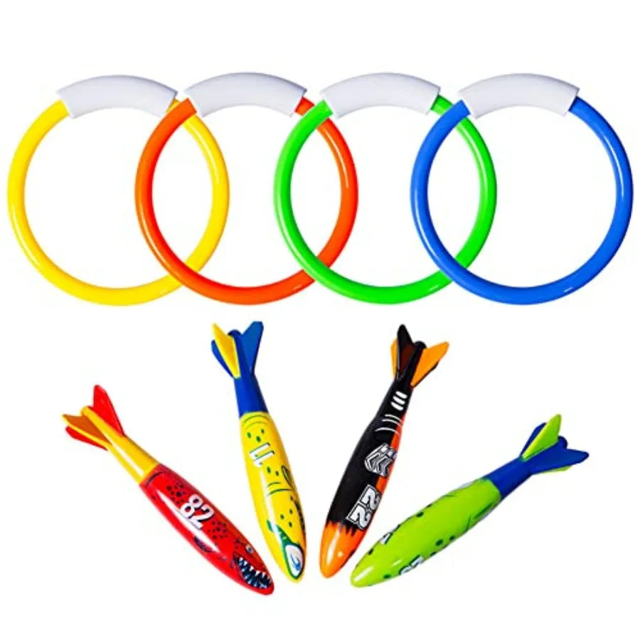 Underwater Pool Diving Toys, 8 Pcs Diving Rings and Pool Torpedo Set