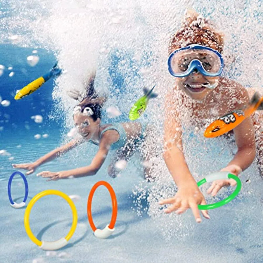 Underwater Pool Diving Toys, 8 Pcs Diving Rings and Pool Torpedo Set