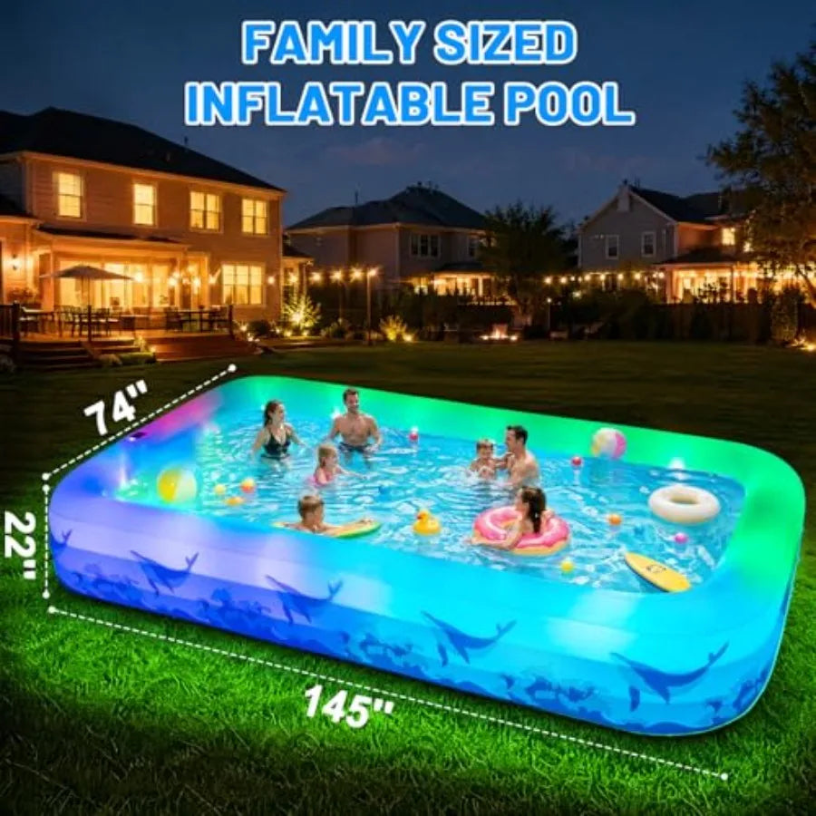 Backyard outdoor inflatable swimming pool for kids and adults, durable thickened PVC, multicolor 7-color LED light solar-powered