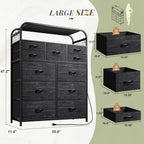47" H Dressers & Chests of Drawers with LED Lights & Charging Station, Dresser for Bedroom with 11 Fabric Drawers & 4 Hooks