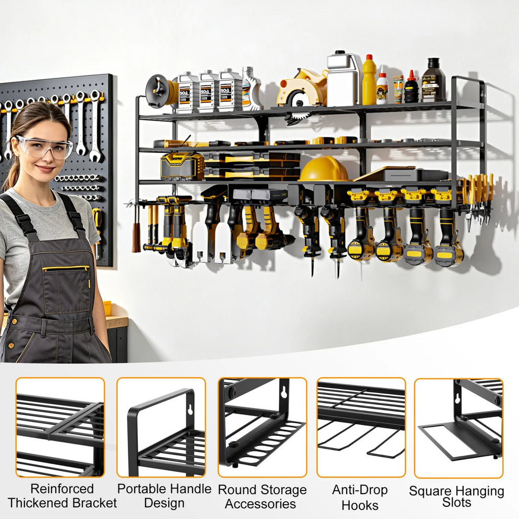 138CM Long Large Power Tool Organizer Rack for Garage Wall Organization Drill Holder Heavy Duty Metal Tool Shelf Holds 12 Cordless Drills