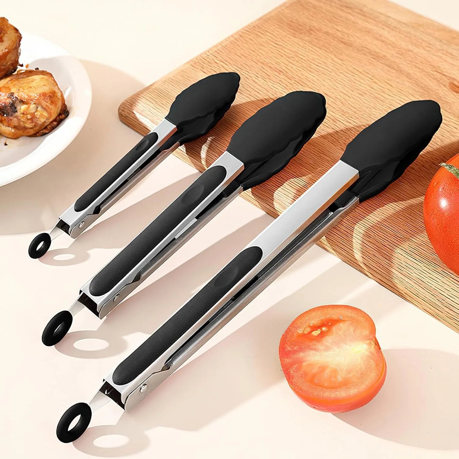 Black Stainless Steel Tongs Set – 7”, 9” & 12” Heat Resistant with Silicone Tip, Pull Lock, Black – Set of 3