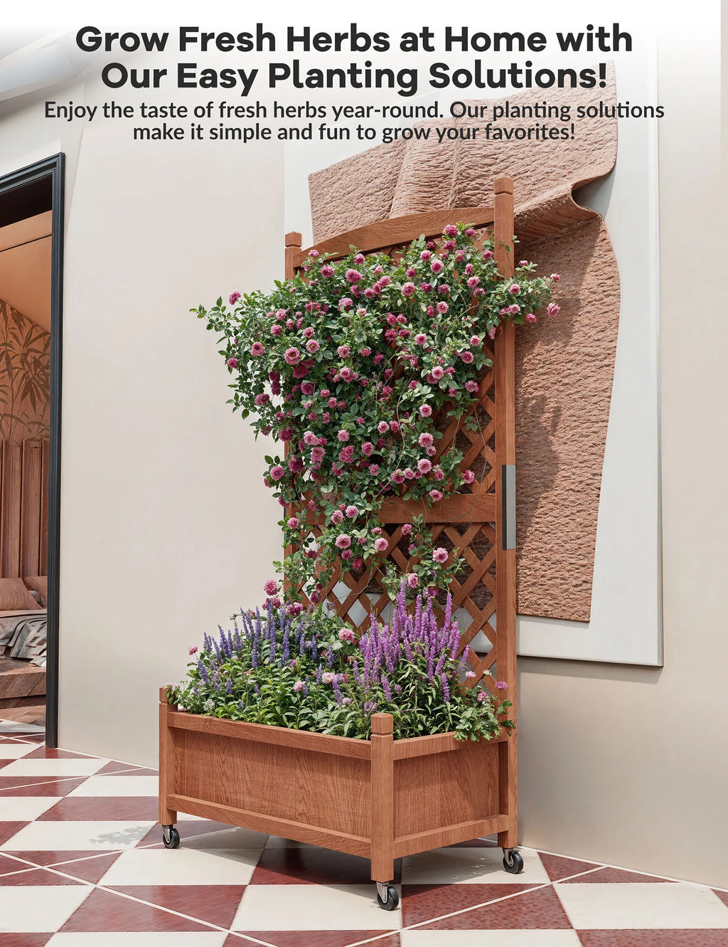 61.5" Wood Planter Box Raised Garden Bed With Trellis/Wheels