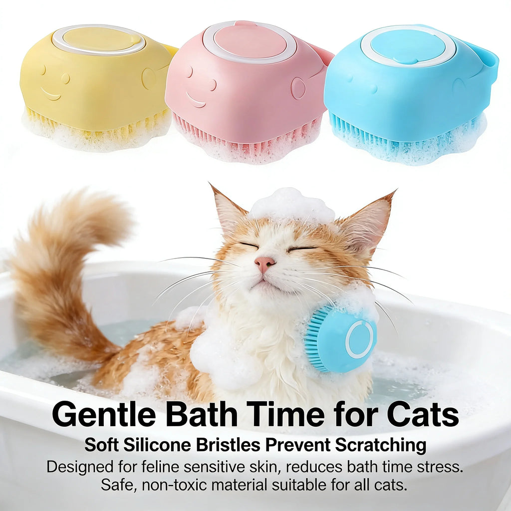 2-In-1 Pet Bath & Massage Brush With Shampoo Storage. Silicone For Sensitive Skin