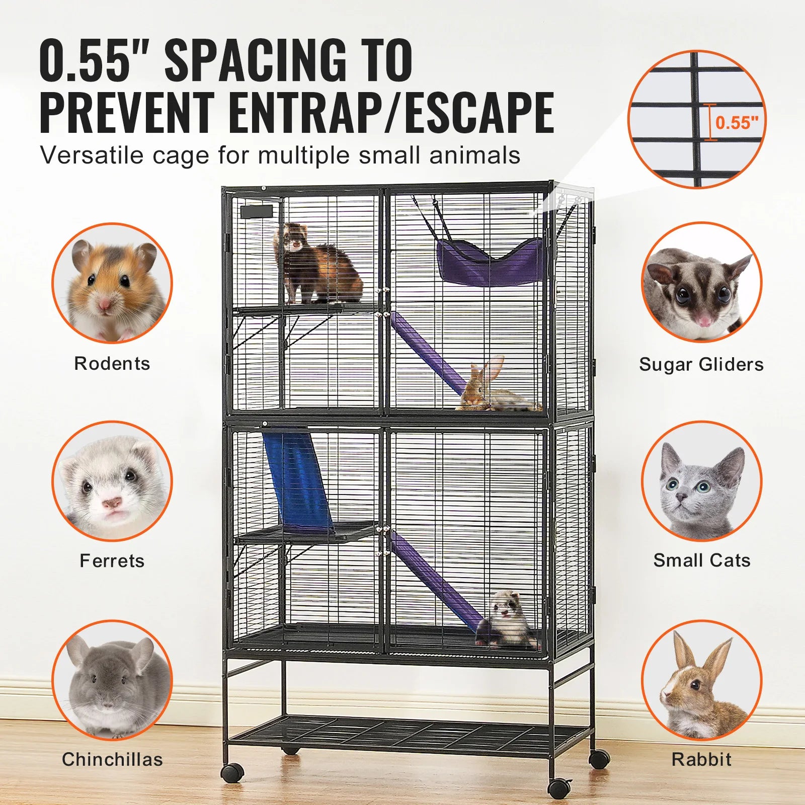 SucceBuy 64.6" Rolling Metal Ferret Cage Large 4-Tier Cage Small Animal Cage for Pet Rats Hamster Guinea