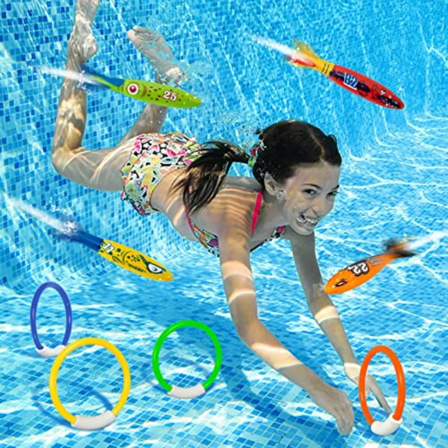 Underwater Pool Diving Toys, 8 Pcs Diving Rings and Pool Torpedo Set