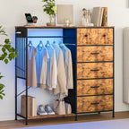 Reversible 6 Fabric Drawers Hanging Rack Dresser Closet w/LED Lights & Charging Station