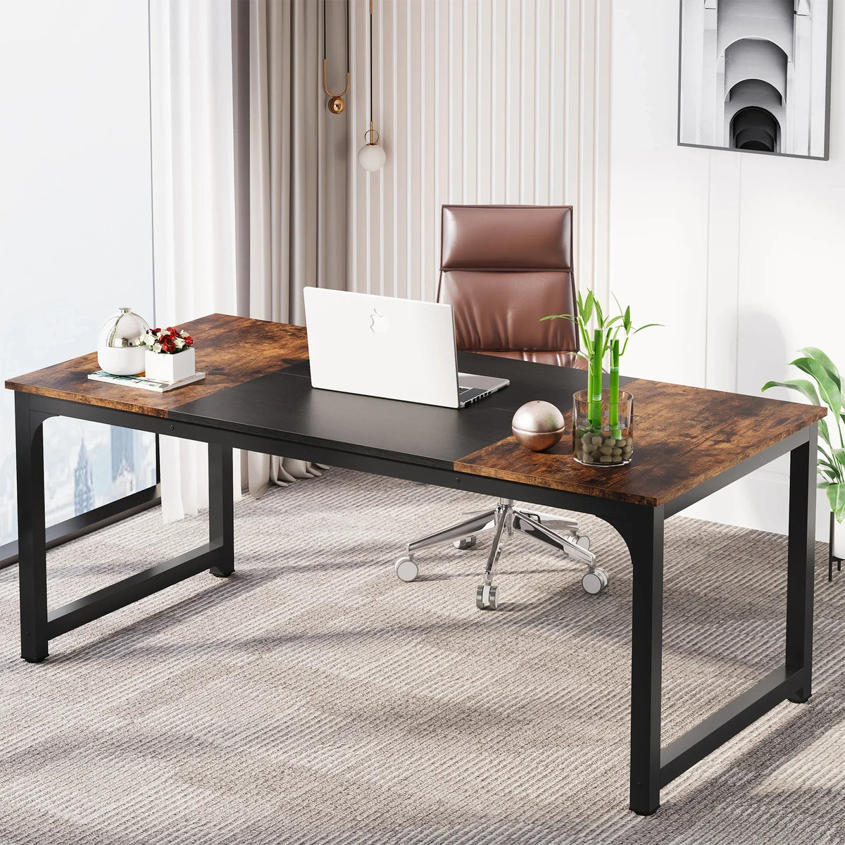 Tribesigns 70.8" Executive Computer Desk - Large Home Office Workstation, Dual Monitor Ready, 70x31x29", Assembly Required, Vintage Grey / Vintage Black / White