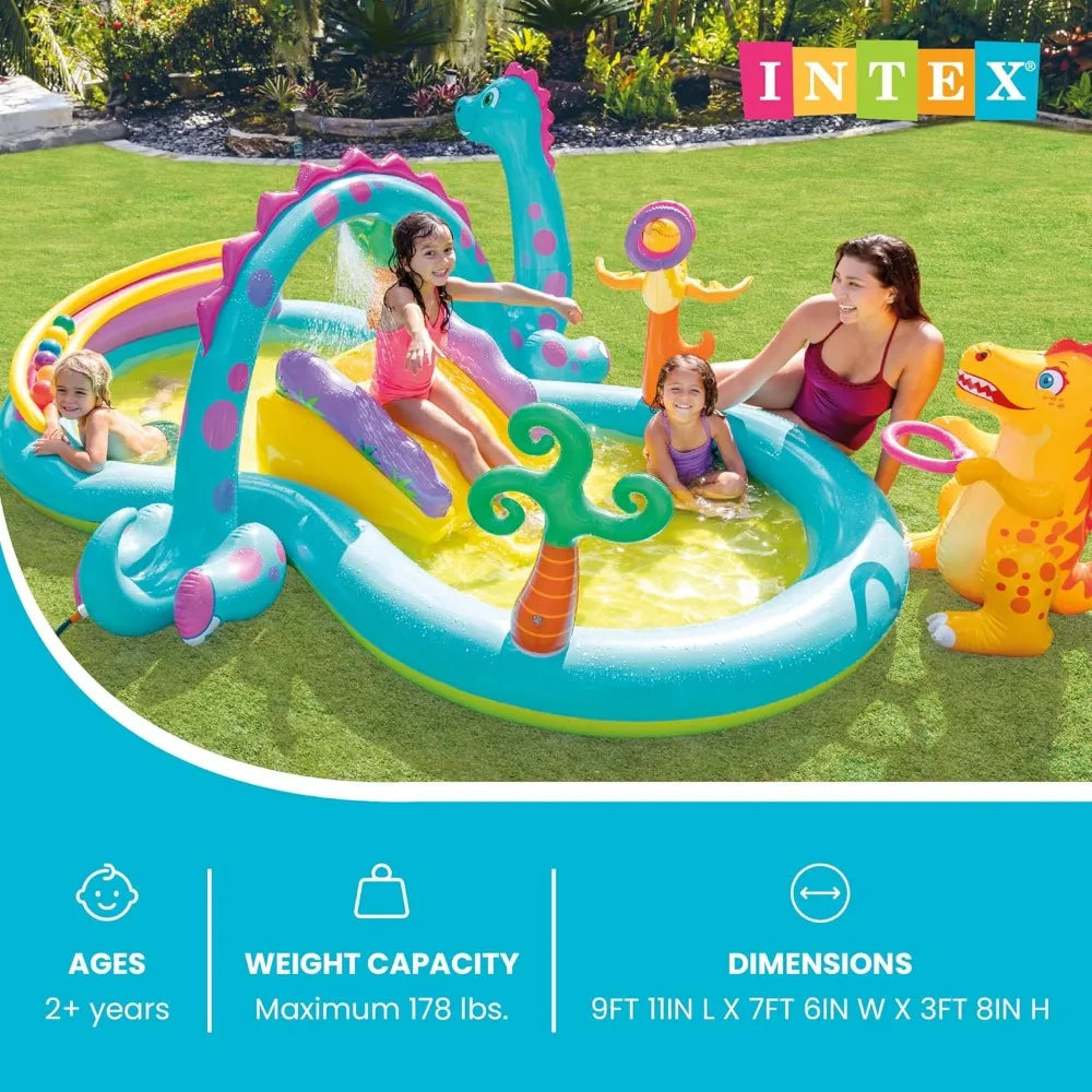 Inflatable Kids Swimming Pool with Slide, 11ft x 7.5ft x 44in Outdoor Play Center, Water Sprayer & Games