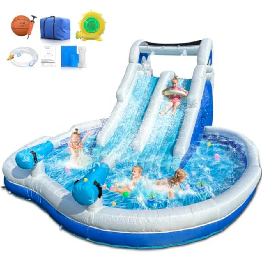 Backyard summer party inflatable water park for big kids, PVC material, blue and yellow, 17.7FT double splash pool