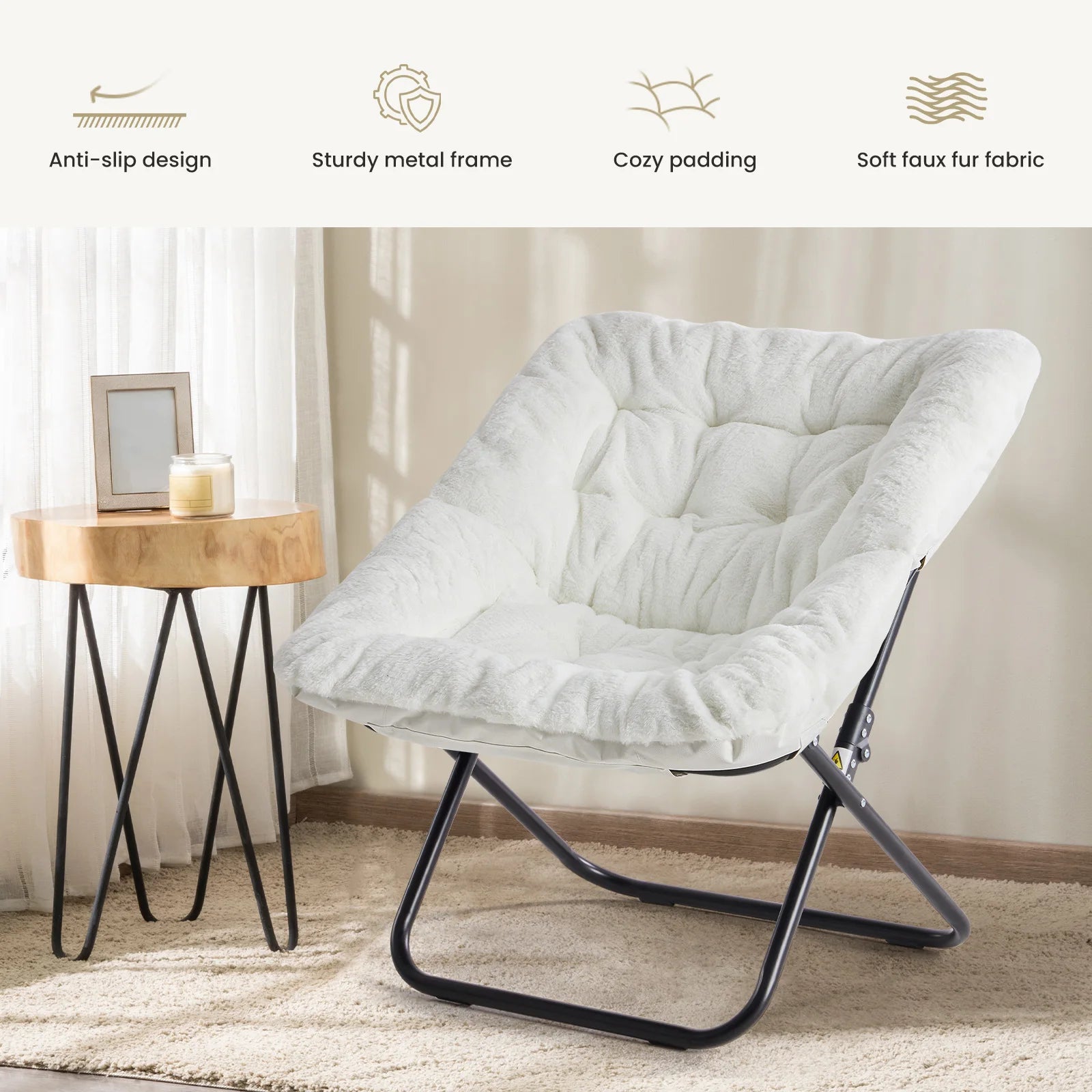 28IN Cozy Saucer Chair With Soft Faux Fur Folding Metal Frame