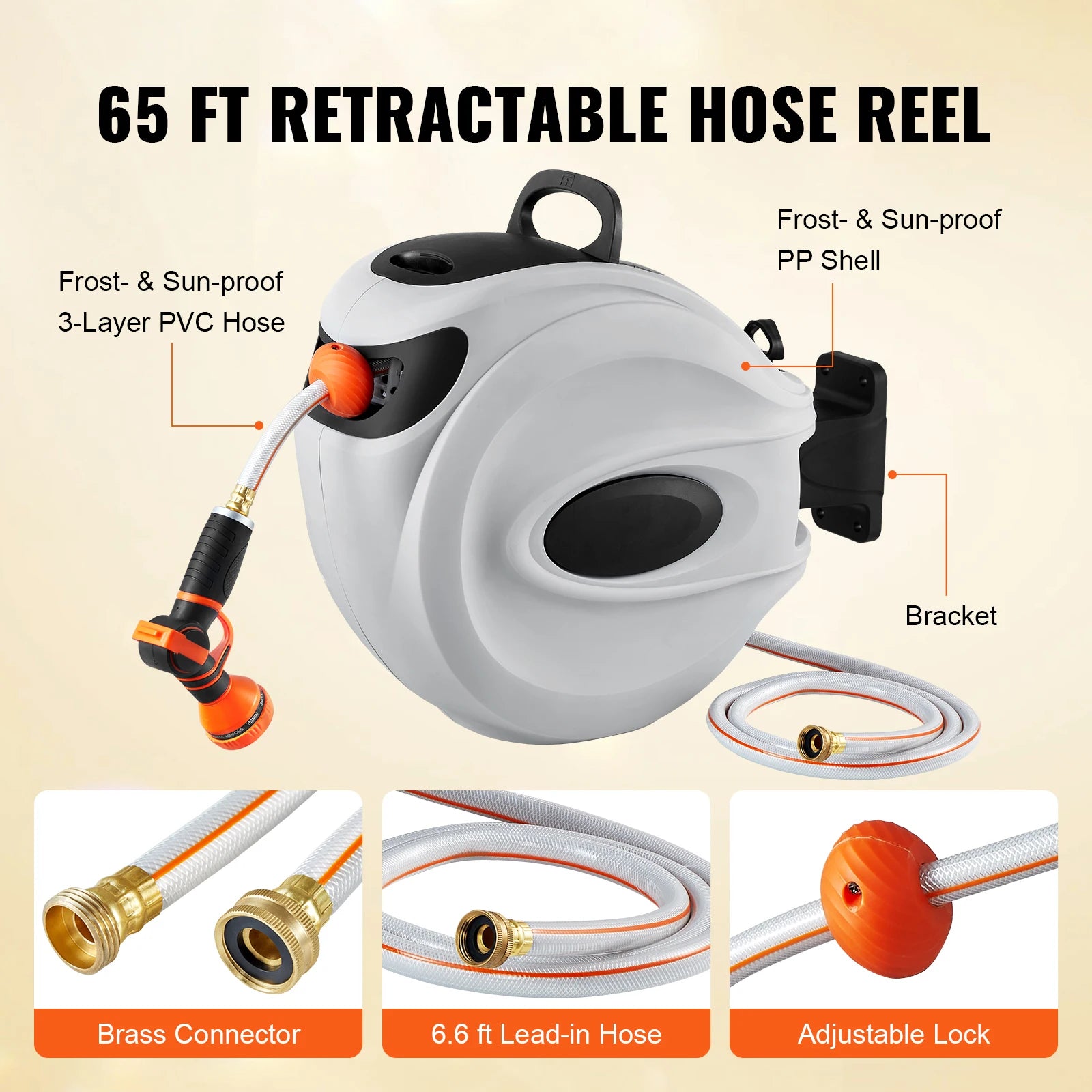 Retractable Hose Reel 180° Swivel Bracket Wall-Mounted with 9-Pattern Nozzle Automatic Rewind