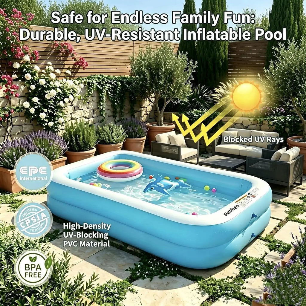 Inflatable Swimming Kiddie Pool, Size 103" X 69" X 20" Rectangle Blow Up Family Pool for Children