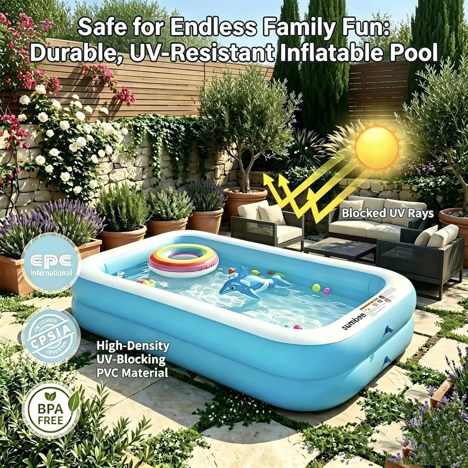Inflatable Swimming Kiddie Pool, Size 103" X 69" X 20" Rectangle Blow Up Family Pool for Children