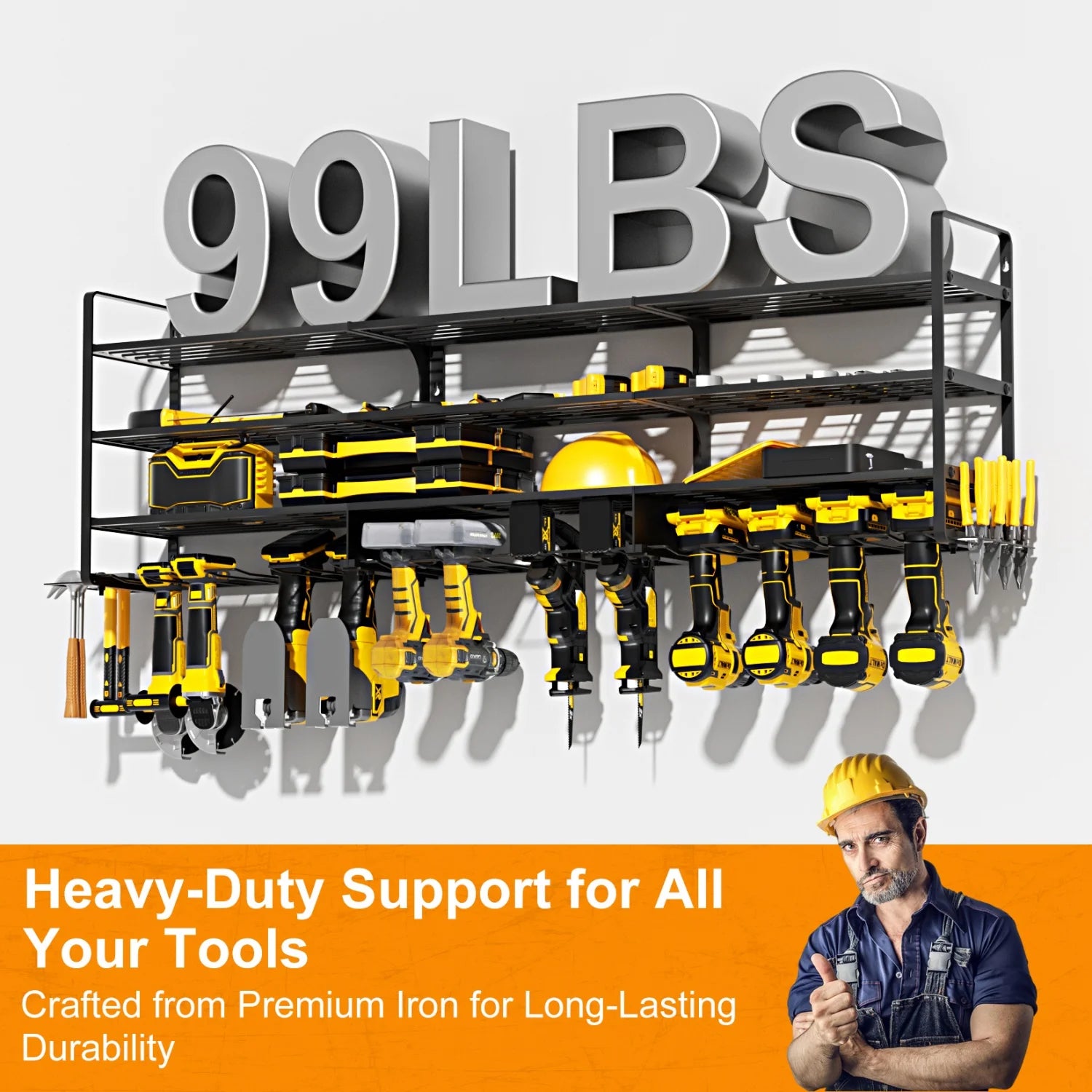 138CM Long Large Power Tool Organizer Rack for Garage Wall Organization Drill Holder Heavy Duty Metal Tool Shelf Holds 12 Cordless Drills