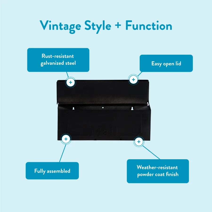 Townhouse galvanized steel small wall-mount mailbox in black for residential outdoor use with rust-resistant finish