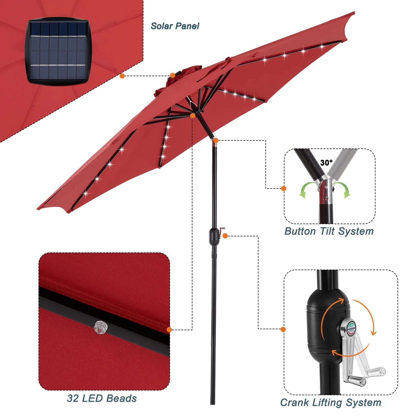 10FT Solar Patio Umbrella with 32 LED Lights UV-Resistant Outdoor Table Umbrella with Tilt and Crank