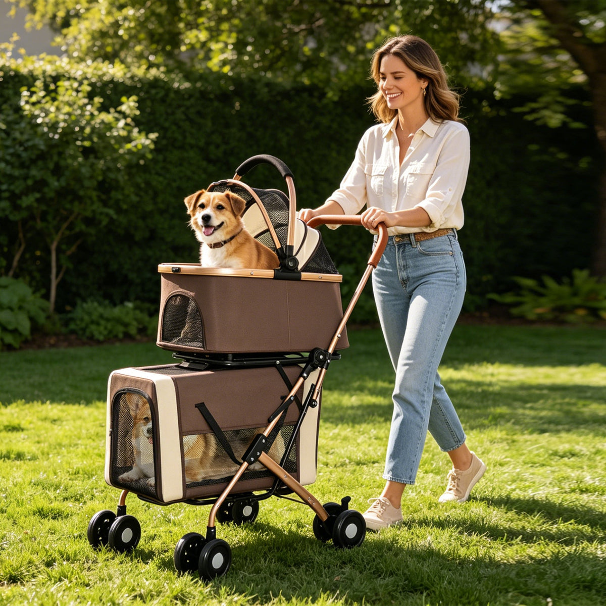 Double Pet Stroller for Dogs and Cats with Foldable Frame - Khaki